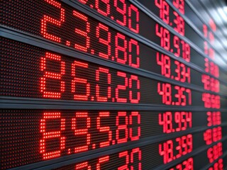 Fototapeta premium Economic risk driven by market volatility and exchange rates concept. Digital stock market display showing fluctuating prices in red.
