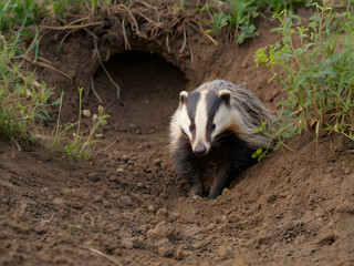 Fototapeta premium Curious Badger at the Burrow Entrance: An adorable European badger emerges from its earthen burrow, its distinct black and white markings making it stand out against the earthy surroundings.