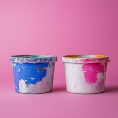 Colorful paint buckets on a pink background create a vibrant artistic display in a creative workspace