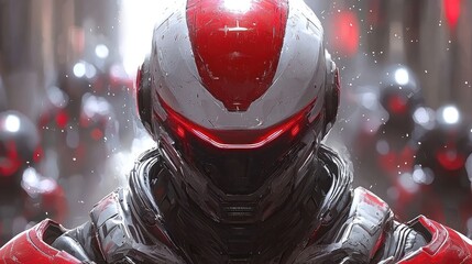 Futuristic soldier helmet in a city