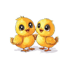 Two adorable yellow chicks with big eyes looking happy.