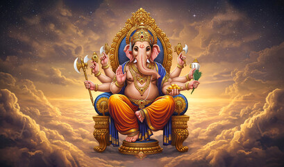Lord Ganesha Sitting on a Throne in Heavenly Sky