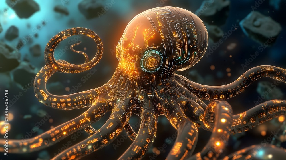 Wall mural a robotic octopus with metallic tentacles, glowing circuits, and a deep-sea background with mysterio