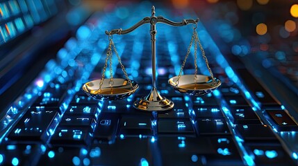 Digital illustration of scales of justice on top of a computer keyboard, representing environmental regulations