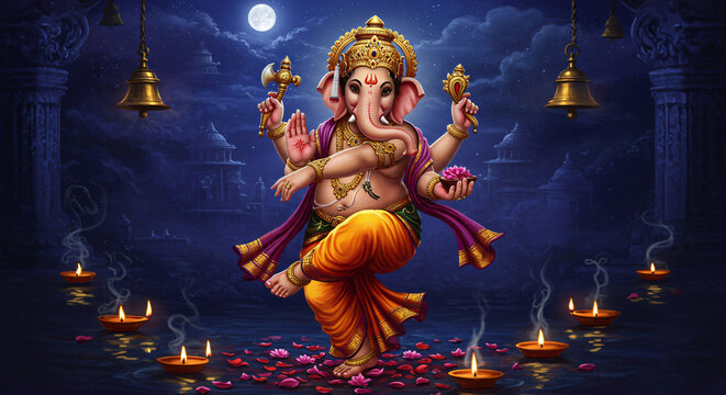 Lord Ganesha Dancing Gracefully at Moon Light.