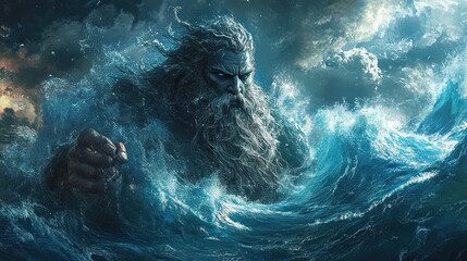 Digital illustration of the mythical Greek god Poseidon standing in the middle of a stormy ocean.