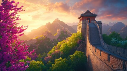 Great Wall's Sunrise: A majestic view of the Great Wall of China snaking its way across a mountain range at dawn, adorned with cherry blossoms and bathed in the golden light of the rising sun.