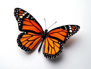 Fototapeta premium A vibrant orange butterfly with intricate black and white markings is showcased against a bright clean white background.