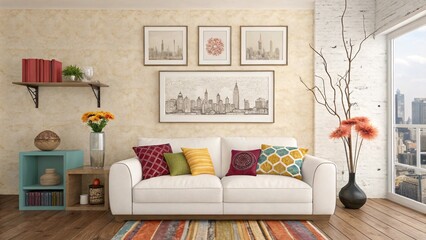 Fototapeta premium Cozy Modern Living Room with White Sofa and Bohemian Accents V3