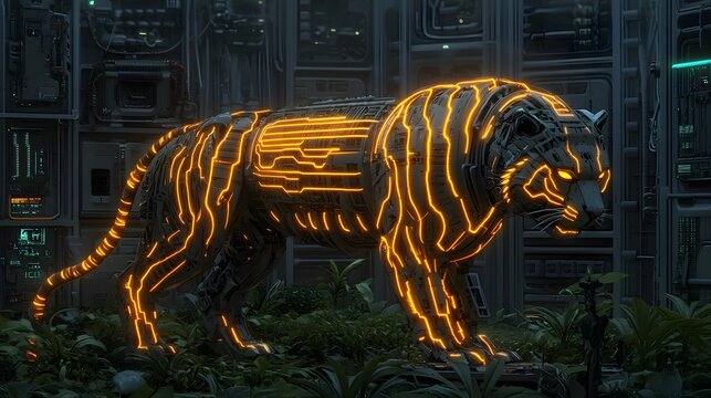 A mechanical tiger prowling through an overgrown cyberpunk wasteland, its body glowing with orange energy lines