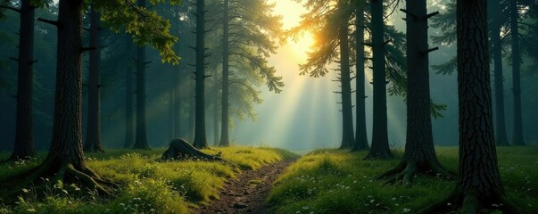 Obraz premium Lonely forest with tall trees surrounding a small clearing, forest, solitude