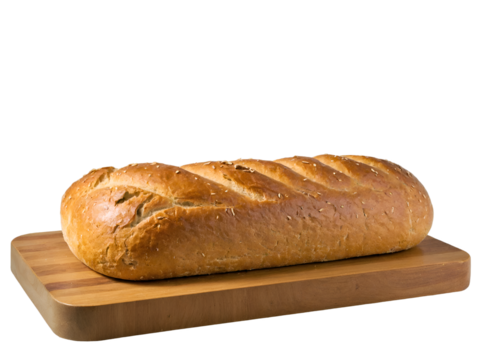 Golden brown loaf of bread rests on a wooden breadboard surface