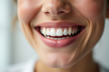 Obraz premium Close-up image of a person smiling, showing bright white teeth and healthy gums. The expression conveys happiness and positivity, highlighting dental health and hygiene.