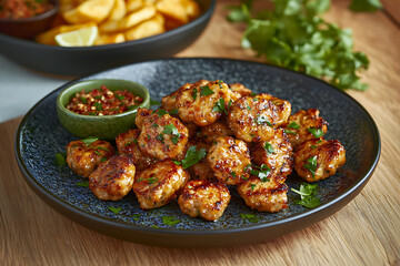 Fototapeta premium Savory golden-glazed chicken bites on a decorative plate complemented by dipping sauces and sides.