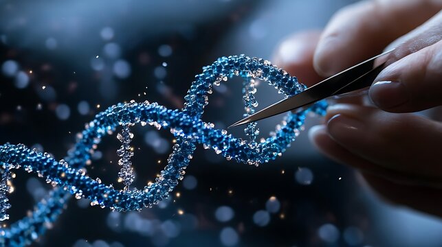 Manipulating DNA Strand with Tweezers, A close-up of a hand using tweezers to manipulate a blue DNA strand model on a purple surface