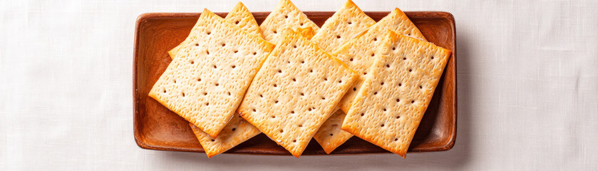 Crispy matzo crackers arranged neatly on wooden platter, perfect for snacking or serving at gatherings