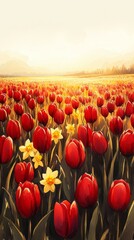 Golden Dawn Over Flower Fields, Tulips and daffodils