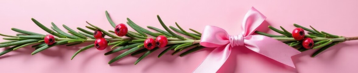 Fototapeta premium Pink and red rosemary sprigs intertwined with pink ribbon, pink, intertwine