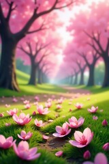 Obraz premium pink cherry blossoms scattered across the ground, flowers, spring