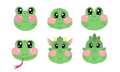 Set of cute green head, face animals dinosaur, frog, lizard, dragon, turtle on white isolated background. Happy fun joy face kawaii pets. Kid, baby vector graphic design