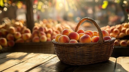 Sunlit Apricots in a Rustic Basket at a Farmers Market