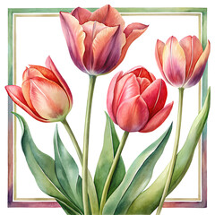 Fototapeta premium Watercolor Painting of Four Red and Orange Tulips in a Green and Beige Frame