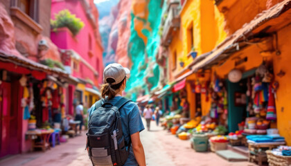 Obraz premium Vibrant Street Scene: A Traveler's Journey Through a Colorful City