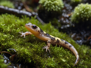 Fototapeta premium Salamander on Moss: A vibrant salamander is shown against a backdrop of lush green moss.