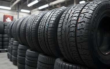 Obraz premium Stack four black tires tire store are arranged There is a new