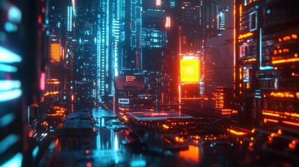 Naklejka premium Neon-lit AI Processor Chip Embedded in Motherboard, U