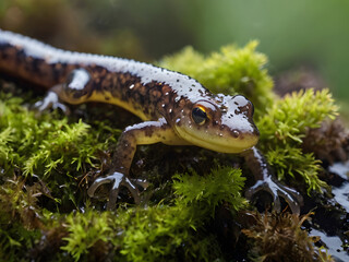 Obraz premium Newt in Mossy Habitat: Close-up captures a striking newt gracefully positioned amidst vibrant green moss, showcasing intricate details of its skin, texture, and natural environment. 