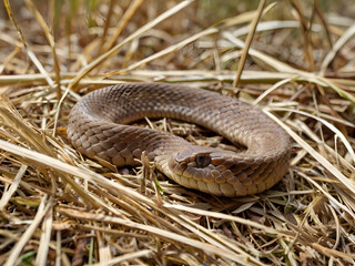 Fototapeta premium Camouflaged Serpent in its Natural Habitat: A coiled serpent rests amidst dry grass and foliage, showcasing its scaled texture and earthy colors in a photorealistic outdoor scene.