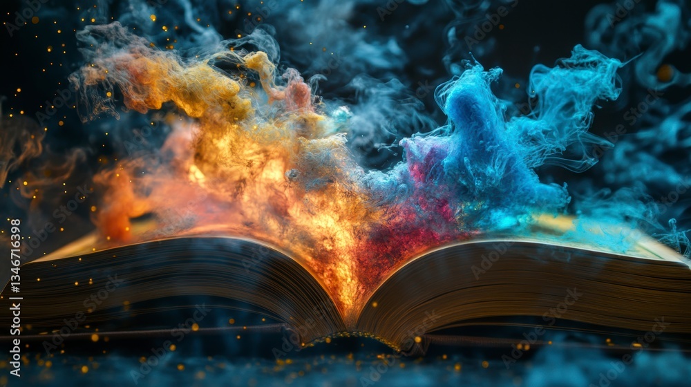 Poster open book with colorful smoke and sparks emanating from its pages, suggesting magic or fantasy.