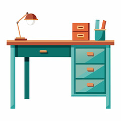 Vintage office furniture with wooden table, chairs, and desk in an empty room