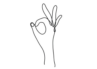 black and white one continuous line ok hand gesture vector illustration, ok symbol drawing isolated on white background with copy space for text