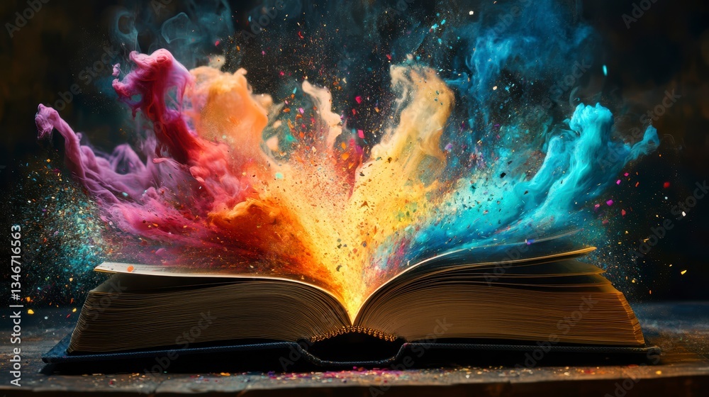Poster Open book with colorful smoke and sparks exploding from its pages, suggesting imagination and knowledge.