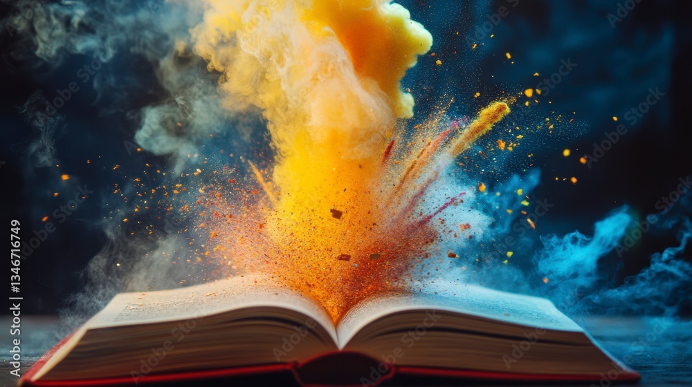 Poster Colorful explosion erupting from an open book on a dark background.
