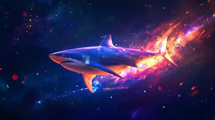 Fototapeta premium Abstract shark in vibrant cosmic flames, futuristic space