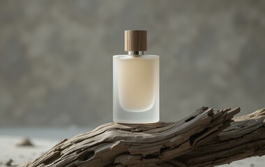 A cinematic photograph of a sleek perfume bottle perched on a weathered piece of driftwood. The perfume bottle features a modern, minimalist design with a frosted glass base that transitions seamlessl