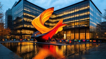 Modern art sculpture reflected in a city pond
