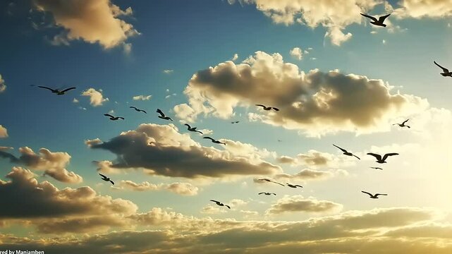 A serene sunset sky filled with soaring birds amidst fluffy clouds