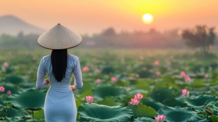 Fototapeta premium Sunrise Serenity: A woman in traditional Vietnamese attire gazes serenely upon a blooming lotus field at dawn, with the golden sun casting a warm, ethereal glow over the tranquil landscape.