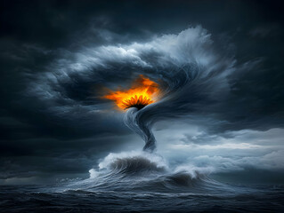 Fototapeta na wymiar Dark Stormy Ocean with Fiery Vortex