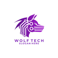 Wolf tech logo design vector template. Wolf with network logo design icon template