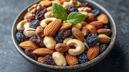 Mixed nuts and raisins in a bowl