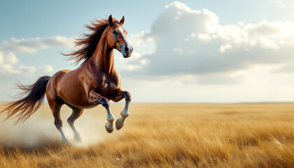 Obraz premium Majestic Chestnut Horse Galloping Across Golden Field Under a Cloudy Sky