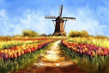 Dutch Countryside in Oil, Tulips and daffodils