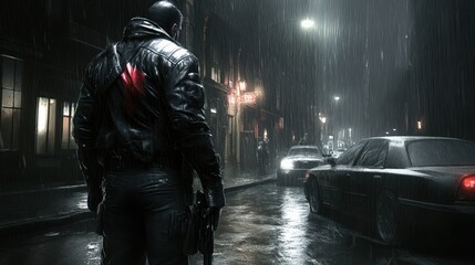 Rainy night urban scene, a figure in dark clothing stands on a wet street