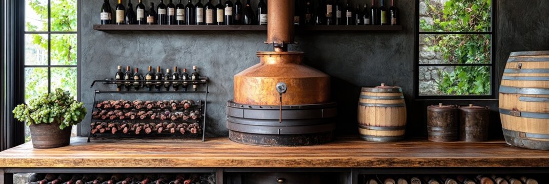Rustic bar with copper still and wine storage