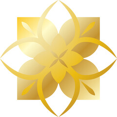 Elegant golden floral emblem with symmetrical petals.